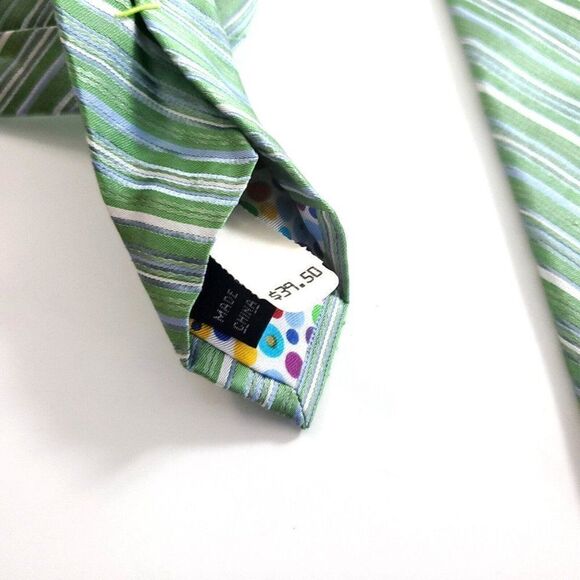 City Of London Green Blue Striped Woven Wide Silk Tie - Picture 6 of 8